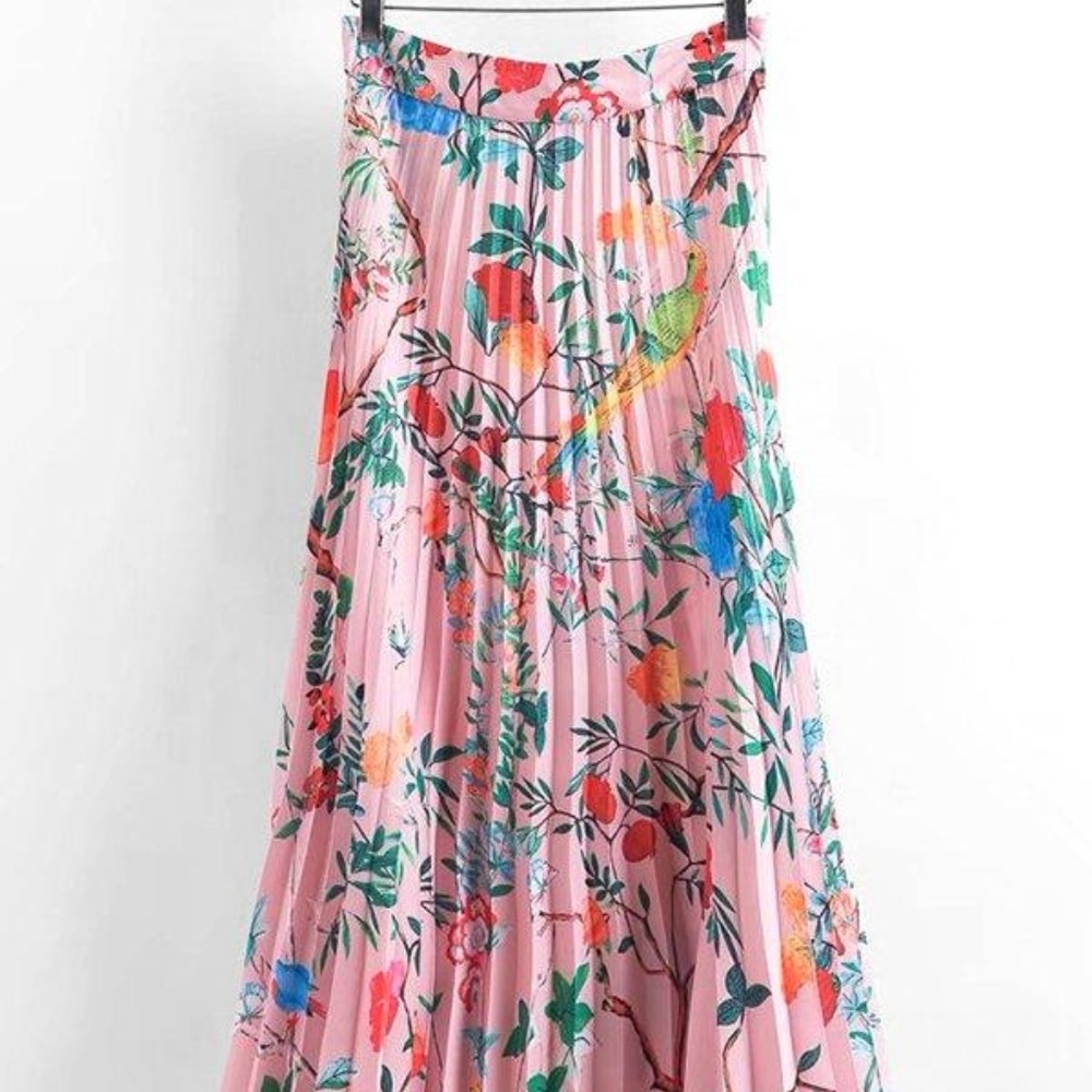 A-Line Tropical Pattern Pleated Skirt